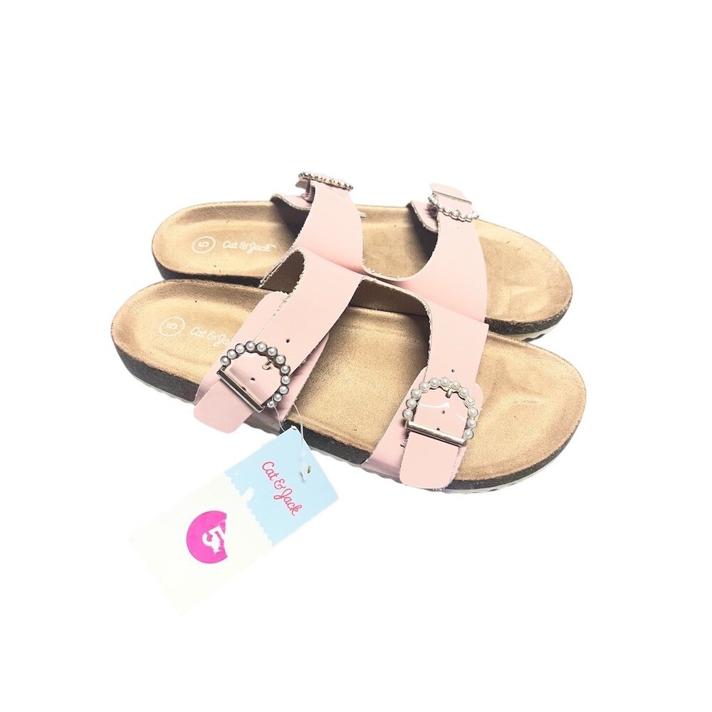 Cat & Jack Girls Sandals Size 5 Pink Double Strap Footbed Pearl Buckles